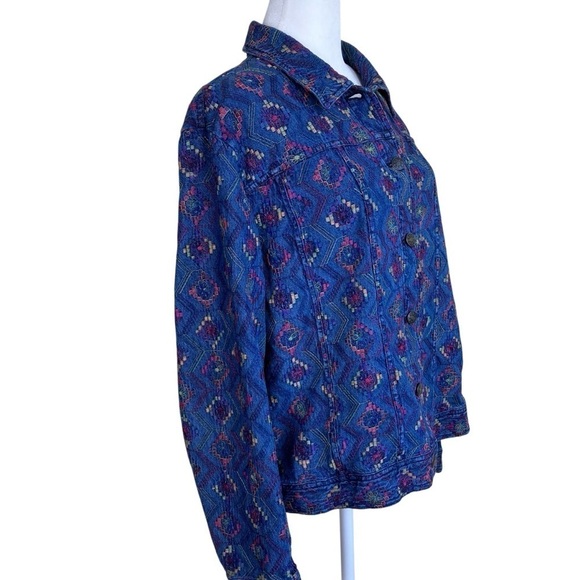 COLDWATER CREEK Boho Aztec Tribal Multicolor Embroidered Cotton Denim Jacket XL - Picture 4 of 16